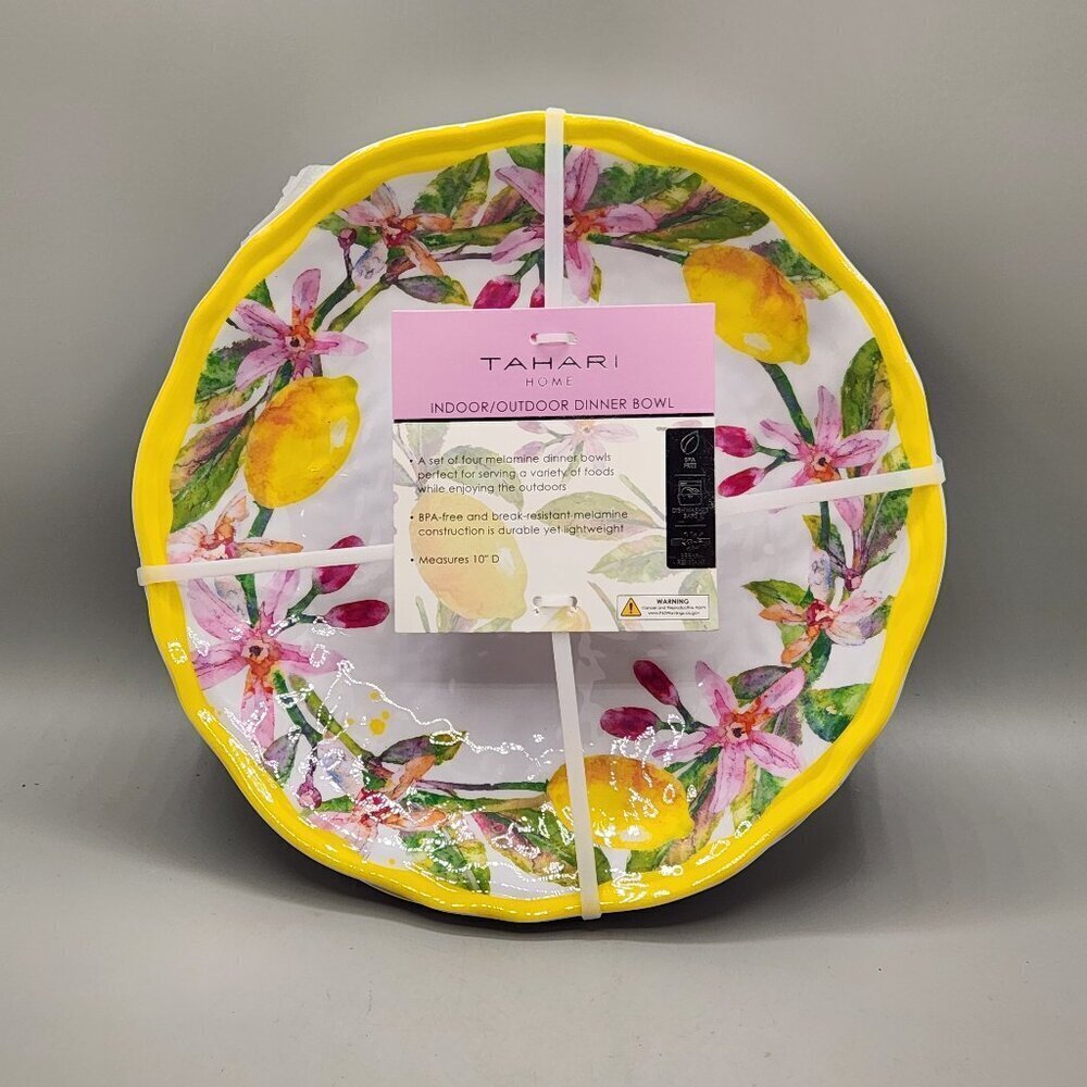 TAHARI 4 pc Melamine 10in Dinner Bowl Set Scalloped Tropical Lemon Floral NEW